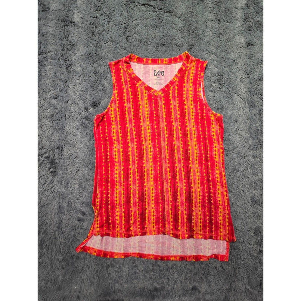 Lee Womens V-Neck Sleeveless High Low Tank Top Red Orange Striped Small VFS059A